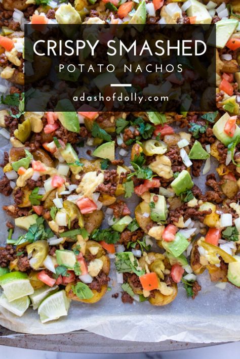 Crispy Smashed Potato Nachos (Paleo, Whole30) - a dash of dolly Smashed Potato Nachos, Whole 30 Nachos, Whole30 Nachos, Mexican Potato Salad, Whole30 Sides, Paleo Nachos, Nachos Recipe Beef, Paleo Roast, Nacho Toppings