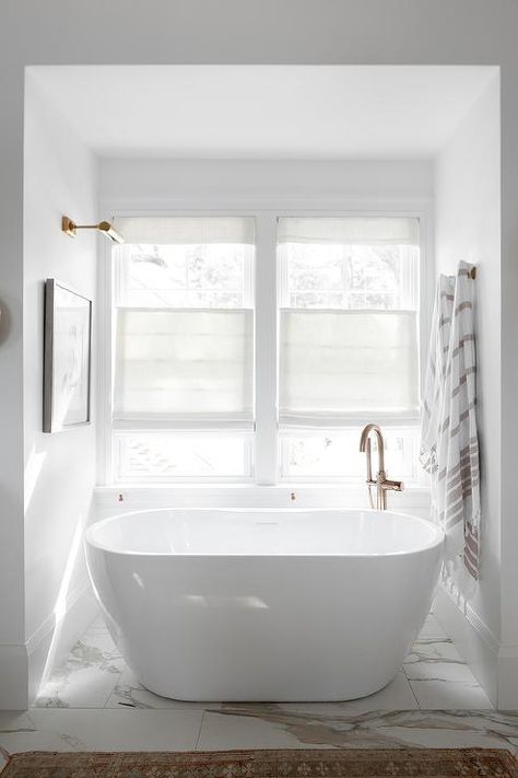 Sunny Bathtub Nook with Oval Tub and Catty Corner Tub Filler - Transitional - Bathroom Tub Nook, Bathtub Nook, White Upholstered Bed, Cottage Style Bedroom, Oval Tub, Light Grey Kitchen Cabinets, Tile Accent Wall, Pure Salt Interiors, Light Grey Kitchens