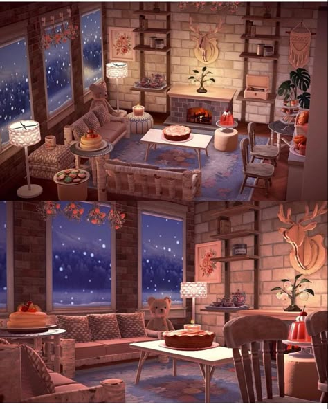 Animal Crossing Cozy Living Room, Acnh Cozy Island Ideas, Cozy Animal Crossing Island, Cozy Animal Crossing, Acnh Living Rooms Ideas, Mountain House Interior, Acnh Interior, Acnh Hhp, Acnh House