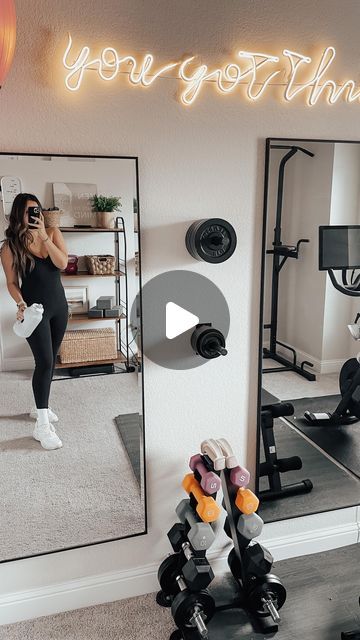 1,786 likes, 72 comments - missjessicanicoleblog on January 17, 2023: "HOME GYM REVEAL! And now all of a sudden I want to workout 24/7. I love how this quick home gym ..." At Home Workout Area, Garage Gym Inspiration, Home Gym In Bedroom, House Gym Room, Gym Home Ideas, Home Office Gym Combo Layout, Modern Gym Design, Home Office Gym Combo, Bedroom Gym Ideas