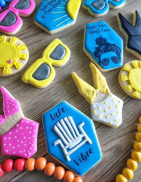 Lake Cookie Ideas, Boat Cookies, Vacation Cookies, Swimsuit Cookies, Lake Theme, Lake Hair Styles, Summer Cookies, Lake Trip, Sugar Cookie Designs