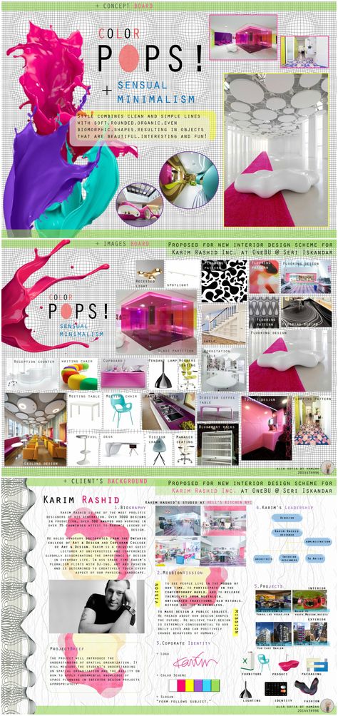 Office Concept Board, Client Board Interior Design, Karim Rashid Interior, Karim Rashid Design, Interior Design Presentation Boards, 2nd Semester, Interior Design Sketchbook, Presentation Board Design, Interior Design Drawings