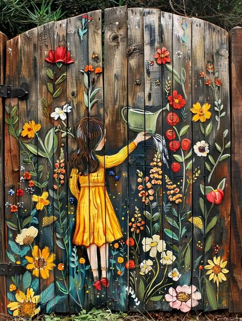 Paint Fence Ideas Backyards, Painted Fences, Painted Fence, Fence Painting, Garden Fence Art, Northern Lights Painting, Garden Mural, Goth Garden, Bohemian Garden