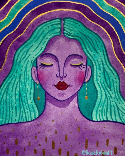 Watercolor, rainbow, goddess, woman, gold, hair, blue, purple, green Purple Goddess, Creative Arts Therapy, Mosaic Portrait, Divine Feminine Energy, Energy Art, Art Therapy Activities, Goddess Energy, Z Arts, Inner Goddess