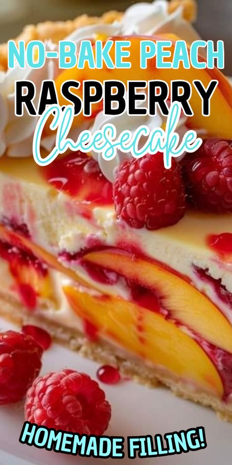 No-Bake Peach Raspberry Cheesecake No Bake Peach Raspberry Cheesecake, Peach Raspberry Cheesecake Recipe, No Bake Raspberry Desserts, Peach Raspberry Cheesecake, No Bake Peach Dessert, Raspberry Recipes Healthy, Peach Melba Dessert, Fun Cheesecake, Fried Desserts