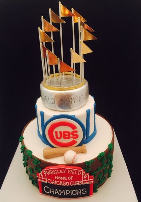 Chicago Cubs Championship Birthday Cake 2 tiered cake with decorative World Series trophy topper, Cubs logo and marque with brick and ivy Chicago Cubs Cake, Chicago Bears Cake, Chicago Cubs Birthday, Chicago Bulls Cake, 2 Tiered Cake, Cubs Cake, World Series Trophy, Baseball Theme Birthday, Cubs Logo