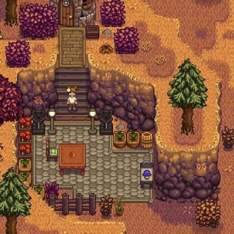 Stardew Valley Quarry Ideas, Sdv Shed Design, Stardew Grandpa Shrine, Stardew Valley Mines Decoration, Stardew Valley Town Decoration, Stardew Town Decoration, Quarry Stardew Valley, Stardew Valley Grandpa Shrine, Stardew Valley Town Decor