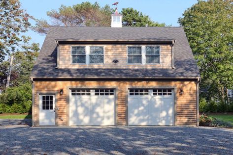 beautiful detached garage design. two car garage. shingle roof. neutral siding with white trim. white garage doors. 2nd floor living space. dormer. Detached Garage Designs, Cedar Shake Siding, Gable Roof Design, Room Above Garage, Carriage House Garage, Building A Garage, Garage Loft, Shed Dormer, Garage Style