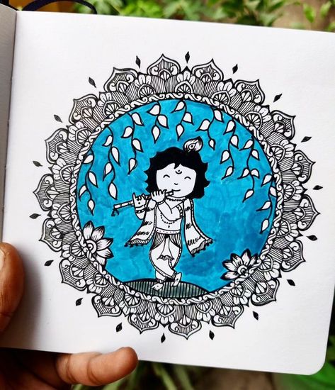 Little Krishna Doodle with Mandala Krishna Doodle Art Easy, Krishna Drawing Mandala, Things To Draw For Teens, Krishna Doodle, Learning Sketching, Siya Ram Painting, Ram Painting, Pen Arts, Easy Mandala Drawing