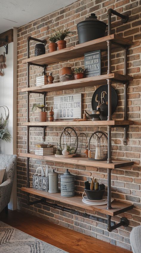 21 DIY Farmhouse Industrial Shelves You Can Build in a Weekend (Get Inspired by #10!) Rustic Shelving Ideas Living Room, Floating Shelves Brick Wall, Industrial Farmhouse Ideas, Industrial Farmhouse Decor Ideas, Rustic Shelving Ideas, Rustic Industrial Interior, Farmhouse Shelves Diy, Rustic Shelf Decor, Industrial Bookshelves