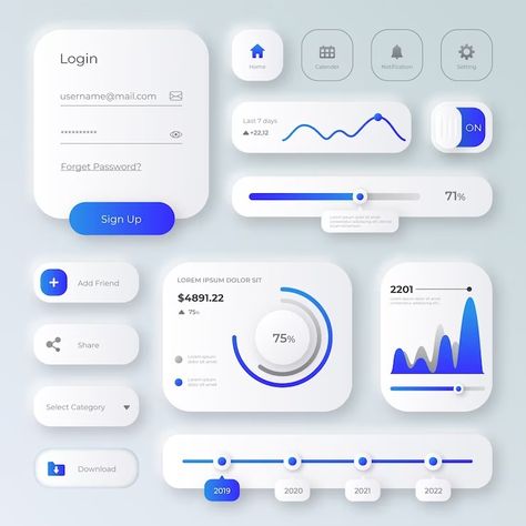 Free Vector | Gradient colored ui kit collection Flat Design Colors, Dashboard Design Template, Unique Website Design, Ux Kits, Kpi Dashboard, Card Ui, Ui Design Trends, Social Media Branding Design, Mobile App Design Inspiration