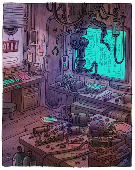 Mechanical Workshop, Sci Fi Environment, Background Drawing, Arte Cyberpunk, Cyberpunk Art, Environment Concept Art, Sci Fi Art, Art Background, Medium Art