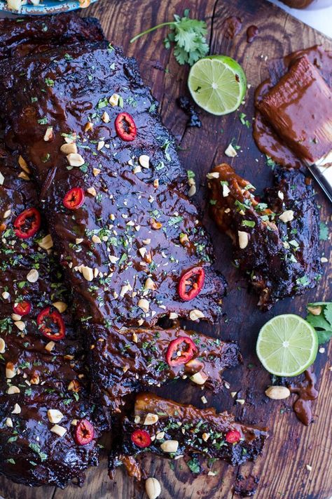 Extra Sticky Thai BBQ Ribs w/Peanut BBQ Sauce + Sweet Thai Ginger Slaw. - Half Baked Harvest Ginger Slaw, Thai Bbq, Bbq Pork Ribs, Food Carts, Pork Rib Recipes, Rib Roast, Half Baked, Asian Fusion, Half Baked Harvest