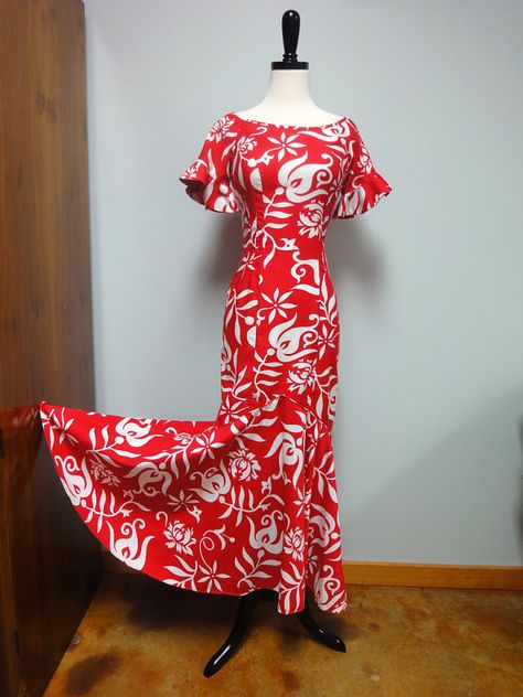 Red and White Long Mumu Dress Pattern, Holoku Dresses, Muumuu Dress Pattern, Bula Dress Patterns, Mermaid Dress Red, Hawaiian Dress Pattern, Tahitian Dress, Samoan Dress, Hawaiian Wear