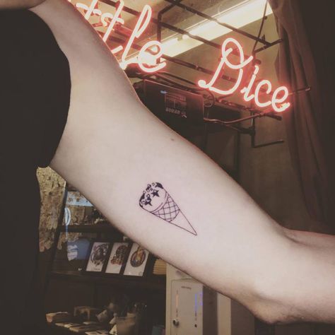 Ice cream tattoo on the left inner arm. Grandpa Tattoo, Ice Cream Tattoo, Simple Line Tattoo, Cream Tattoo, Line Art Tattoo, Food Tattoos, Explore Tattoo, City Tattoo, Line Art Tattoos