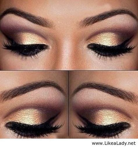 MAKEUP: Gold eye makeup- like the colors just needs to be blended more and less of the dark shadow and thicker eye liner. Small Eyelids, Smokey Eyes Tutorial, Gold Eyeliner, Gold Smokey Eye, Gold Eye Makeup, Makeup Tip, Make Up Inspiration, Smokey Eye Tutorial, Gold Eyeshadow