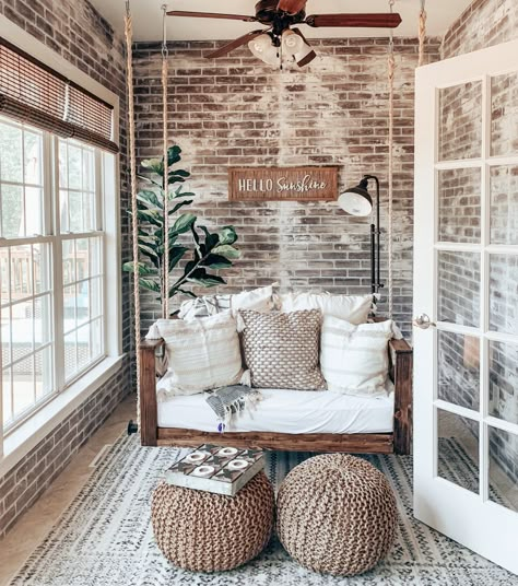 Sun Room Transformation(Brick Paneling) – My Farmhouse Fanatic Life Brick Sunroom, Farmhouse Sunroom Ideas, Small Sunroom Ideas, Boho Sunroom, Sunroom Makeover, Sunroom Remodel, Brick Room, Small Sunroom, All Season Room