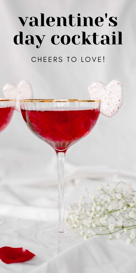 An easy 3 ingredient Valentine's cocktail with vodka. Serve this red cocktail for girls night or for romance. #valentinesday #cocktail #recipe #vodka #easy Signature Valentines Drink, Red Signature Drinks, Valentines Day Punch Recipes, Red Martini Cocktails, Valentine’s Day Martinis, Valentine’s Day Cocktail Recipes, Vday Drinks, Valentines Day Drinks Alcoholic, Red Cocktail Drinks