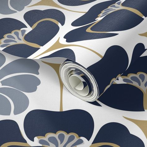 Indigo Flower, Blue And White Wallpaper, Navy Art, Wallpaper In Blue, Cream Wallpaper, Wallpaper Accent, Wallpaper Accent Wall, Natural Gold, Bathroom Redo