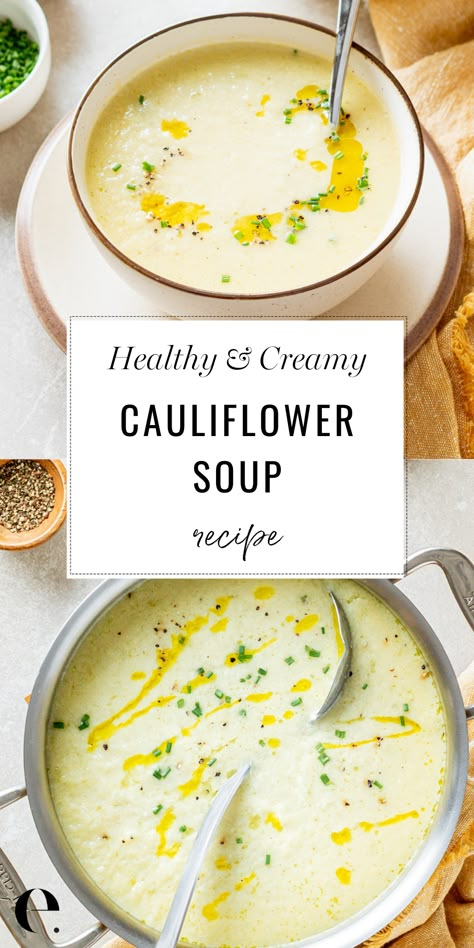 Cauliflower Soup Recipe, Creamy Cauliflower Soup, Roasted Cauliflower Soup, Soup Creamy, Cauliflower Soup Recipes, Garlic Soup, Pureed Soup, Root Veggies, Creamy Cauliflower