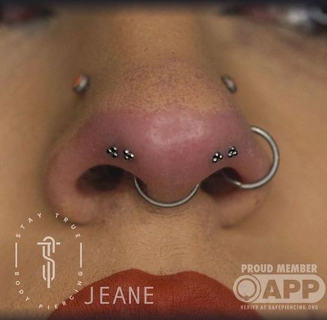 Jeane Bean on Instagram: "Some paired double very low nostril piercings I was able to experiment with on my bestie 🖤 • • Jewelry @duskbodyjewelry • • • • #diamondinthedaith #staytruebodypiercing #safepiercing #appmember" Symmetrical Facial Piercings, Triple Nose Piercing Different Sides, Double Nose Piercing Different Sides, Mantis Piercing, Piercing Ideas Face, Dimple Piercings, Bestie Jewelry, Beautiful Piercings, Back Dimple Piercings