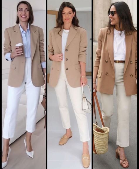 Cream Trousers Outfit, Beige Blazer Outfit, Cream Trousers, Trouser Outfit, Fashion Vocabulary, Beige Blazer, Business Casual Outfits For Work, Blazer Beige, Brown Blazer