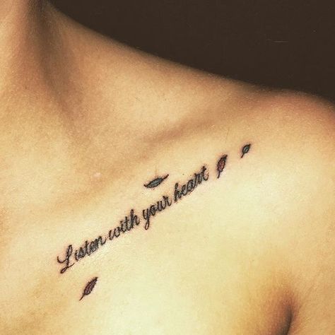 31 Collarbone Quote Tattoos That Are as Meaningful as They Are Sexy Disney Quote Tattoos Meaningful, Listen To Your Heart Tattoo, Pocahontas Tattoo Quotes, Pocahontas Tattoo Ideas, Disney Quote Tattoos, Tattoo Collarbone, Shoulder Tattoo Quotes, Collar Bone Tattoo Quotes, Clavicle Tattoo