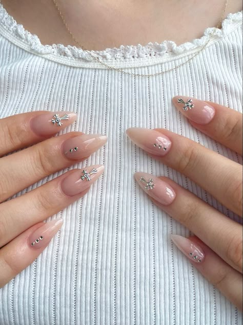 Stiletto French Tip Nails, Gems Nails, Nails With Gems, Nails With Stars, Nail Jewels, Grunge Nails, Minimal Nails, Simple Acrylic Nails, Almond Acrylic Nails