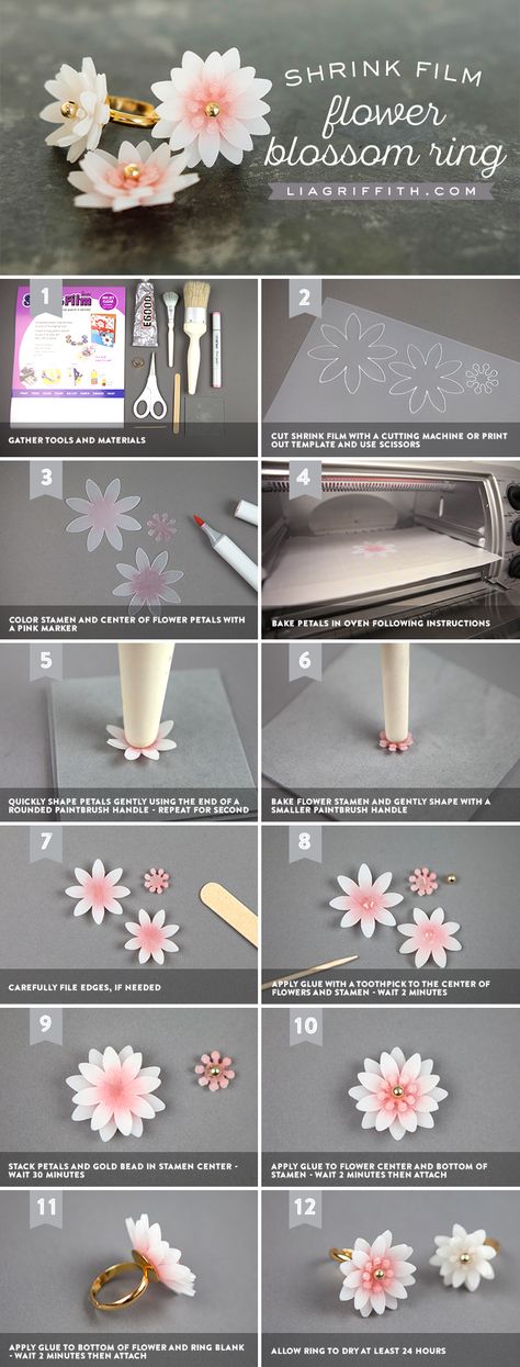 DIY Ring Tutorial - shrink plastic film and Silhouette cutter Shrink Art Diy, Shrink Plastic Crafts, Shrink Film Ideas, Shrinky Dink Flowers, Shrink Plastic Ideas Diy, Shrink Plastic Art, Shrink Plastic Flowers, Shrinking Plastic Diy, Shrink Paper Ideas