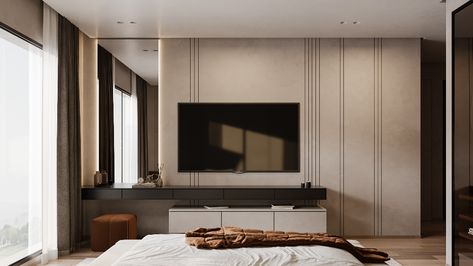 SUN IS OUT BEDROOM :: Behance Minimal Modern Interior, Dresser Design, Tv Room Design, Modern Bedroom Interior, Tv In Bedroom, Home Room Design, Autodesk 3ds Max, Luxurious Bedrooms, Interior Architecture Design