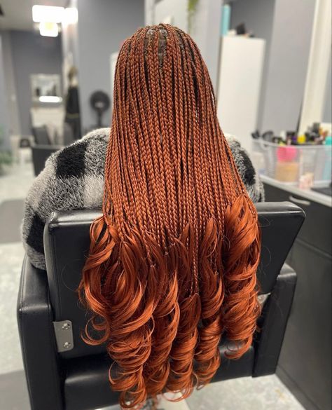 Ginger Spanish Curl Braids, French Braids Ginger, Auburn French Curl Braids, Ginger Hair Styles On Black Women, Ginger Box Braids With Curly Ends, Copper Brown Braids, Ginger French Curls, Ginger French Curl Braids, Ginger Braids Black Women