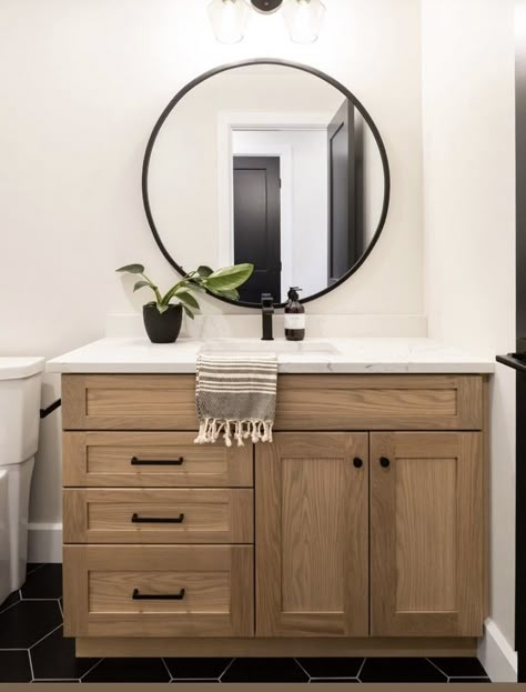 Bathroom Ideas Single Sink, Bathroom With Round Black Mirror, Bathroom Vanity Mirror Single Sink, Stained Vanity Bathroom, Basement Ensuite, Tan Bathroom Vanity, White Countertop Bathroom, Single Vanity Bathroom Ideas, Single Vanity Master Bath