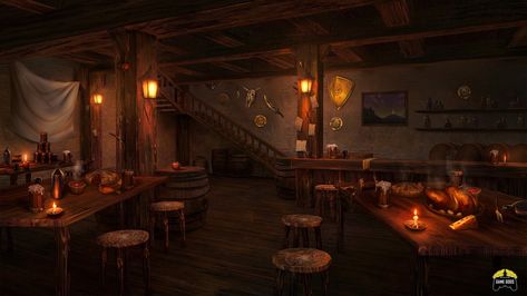 Tavern Art, Medieval Interior, Dnd Locations, Rustic Inn, Rustic Basement, Fantasy Shop, Inside Art, Cellar Design, Animated Banners