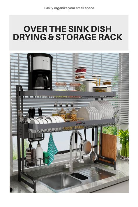 Over Sink Dish Drying Rack has 3 Tier with Adjustable Length (20.87''~37.6'') Made of Stainless Steel with Large Storage Kitchen Dish Rack it is also Expandable has Utensil and Cup Holder #affiliate Over Sink Dish Drying Rack, Over Kitchen Sink, Organiser Cucina, Kitchen Space Savers, Kitchen Dish Rack, Kitchen Sink Storage, Sink Dish Rack, Dish Drying Rack, Over Sink