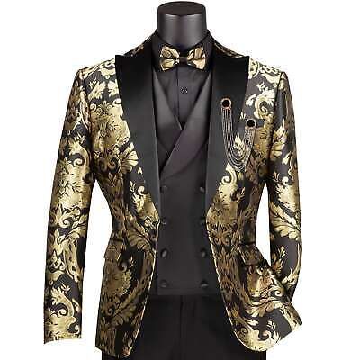 Trendy Fashion VINCI Men's Black & Gold Modern Fit 3pc Tuxedo Suit w/ Matching Bow-Tie NEW, Mens Clothing Mens Ballroom Suit, Black And Gold Suit Men Prom, Black And Gold Suit Men, Gold Suit Men, Black White Gold Wedding Theme, Black And Gold Wedding Theme, Gold Tux, Black And Gold Suit, Gold Prom Suit