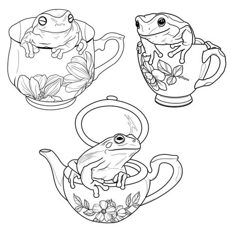 Cute Toad Drawing, Frog In A Teacup Tattoo, Animal Tattoo Ideas, Frog Teacup Tattoo, Frog On Toadstool Tattoo, Whimsical Frog Tattoo, Frog Sitting On Mushroom Tattoo, Frog Tattoo Ideas, Frog Tattoo