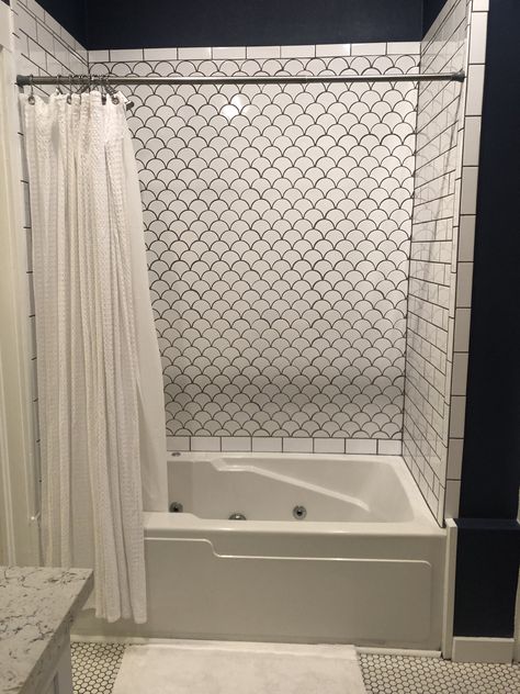 White Scallop Tile Bathroom, Scale Tile Bathroom, White Fishscale Tile Bathroom, Black Fish Scale Tile Bathroom, Fish Scale Shower Tile, Mermaid Tile Bathroom, Bathroom White Subway Tile, Bathroom Fishscale Tile, Fish Scale Tile Bathroom