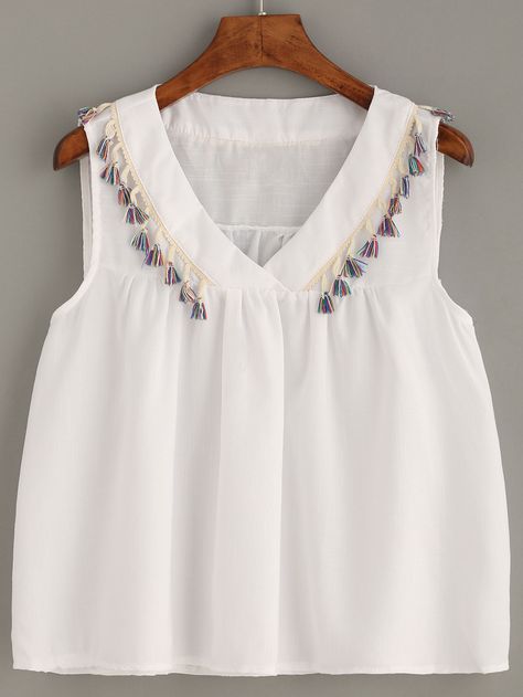 Shop White Tassel Trim Shawl Collar Top online. SheIn offers White Tassel Trim Shawl Collar Top & more to fit your fashionable needs. Cotton Tops Designs, Girls Dresses Sewing, Kids Dress Wear, Kurta Neck Design, Baby Dress Design, Linen Fashion, Fashion Tops Blouse, Kurti Neck Designs