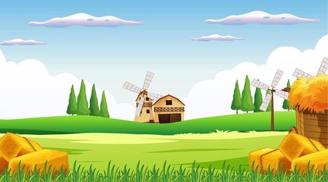 Farm scene with windmill and barn Farm Background, Farm Clipart, Farm Scene, Cartoon Background, The Farm, Free Vector Images, Vector Art, Vector Images, Vector Free