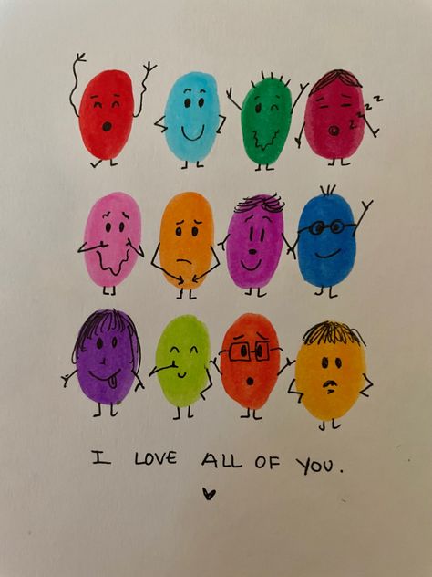 Cute Friend Drawings Easy, Easy Happy Paintings, Painting With Fingerprints, Happy Doodle Art, Fingerprint Doodles, Fingerprint Art Ideas, Fingerprint Art Kids, Finger Print Art, Fingerprint Painting