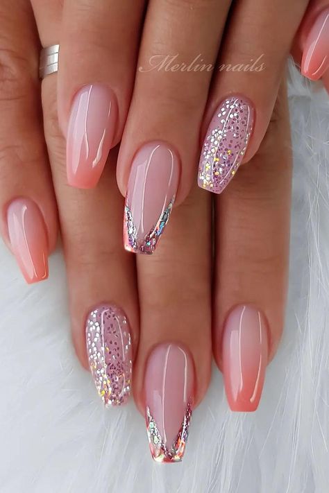 37 Trendy Ballerina Nails Designs for a Cute & Classy Manicure Gel X Ballerina Nails, French Ombre Nails With Glitter, Nail Design Ombre Glitter, Pale Pink Nails Design, November Nails Almond Shape, Nude Nails With Designs Art Ideas, Ballerina Nails Short Design, Ballerina Nails Short Classy, Classic Elegant Nails