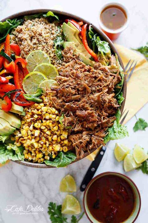 Chipotle Lime Carnitas Salad | Crispy Carnitas in a salad drizzled with an incredible Chipotle Lime Dressing and a low carb Cilantro Lime Rice! | https://cafedelites.com Carnitas Salad, Chipotle Lime Dressing, Crispy Carnitas, Healthy Burrito Bowl, Cafe Delites, Grilled Peppers, Paleo Crockpot, Lime Rice, Cilantro Lime Rice