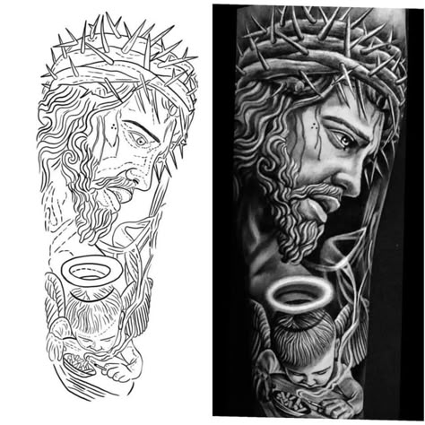 Realistic black and gray tattoo with stencil. Black And Grey Tattoo Stencil, Realistic Stencil Tattoo, Black Jesus Tattoo Design, Realistic Tattoo Design Ideas, Black Jesus Tattoo, Realistic Tattoo Stencil, Jesus Tattoo Stencil, Realism Tattoo Stencil, Black And Gray Tattoo Design