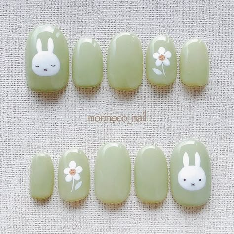 Miffy Nails, Kawaii Nail Art, Kutek Disney, Anime Nails, Korean Nails, Green Nail, Animal Nails, Pretty Gel Nails, Japanese Nails