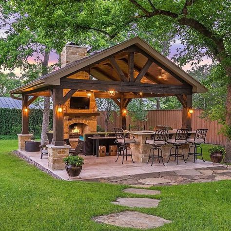 Gazebo Sitting Ideas, Decks With Pavillion, Outdoor Kitchen And Dining, Outdoor Living Ideas, Outdoor Covered Patio, Grill Area, Outdoor Patio Designs, Carport Designs, Outdoor Pavilion