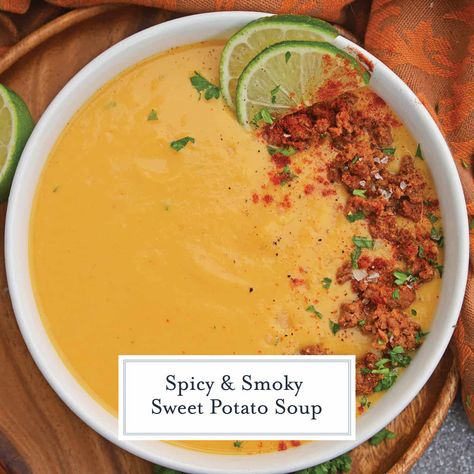 Spicy Sweet Potato Soup - Easy Potato Bisque Recipes - Spicy Sweet Potato Soup is a healthy blend of vegetables with a sweet and spicy kick! This soup definitely falls under the category of easy soup recipes! #spicysweetpotatosoup Potato Bisque, Spicy Sweet Potato Soup, Bisque Recipes, Bisque Soup, Cheap Clean Eating, Bisque Recipe, Spicy Soup, Pureed Soup, Easy Soup