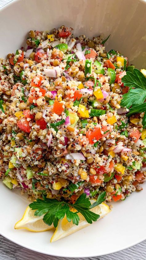 breakingbreadwithbayan on Instagram: Quinoa salad One of my absolute favourite salads and favourite way to eat quinoa. Super refreshing and light yet filling! 1 1/2 cups… Healthy Lunch Quinoa, Lunch Prep Quinoa, Brazilian Quinoa Salad, Quinoa Lunch Bowl, Quinoa Salad Lunch Prep, Quinoa Salad Meal Prep, Salads Quinoa, Quinoa Tabule Salad, Lentil Vegan