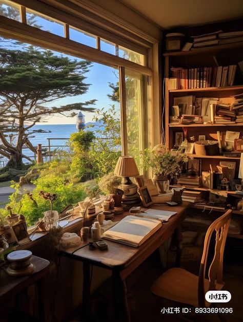 Cozy Study Table Aesthetic, Peaceful Study Room, Cozy Writing Spaces, Beach Core Room, Writers Cottage, Writer Room, Cottagecore Interior, Writers Room, Dream Library