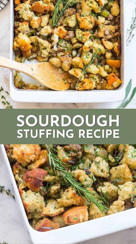 Turkey Dinner Side Dishes, Turkey Dinner Sides, Sourdough Stuffing Recipe, Sourdough Stuffing, Homemade Stuffing Recipes, Thanksgiving Dinner For Two, Turkey Side Dishes, Thanksgiving Servings, Homemade Stuffing