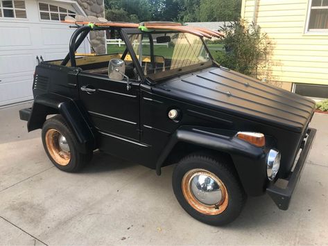 The Type 181 Volkswagen Thing is not a pretty car…but it is pretty useful. The thing started life in the 1960s as an off-road capable light vehicle designed for West German military use, but VW built a civilian version a few years later. Today we've got an example that looks like it's ready for the West German circus. Find this 1973 Volkswagen Thing offered for $6,500 in La Porte, IN via braceforit merkurybook. #Custom #German #Thing #Volkswagen Volkswagen Thing, Volkswagen 181, Vw Thing, Water Skis, German Military, Wooden Cup, Best Barns, Creature Comforts, Pretty Cars